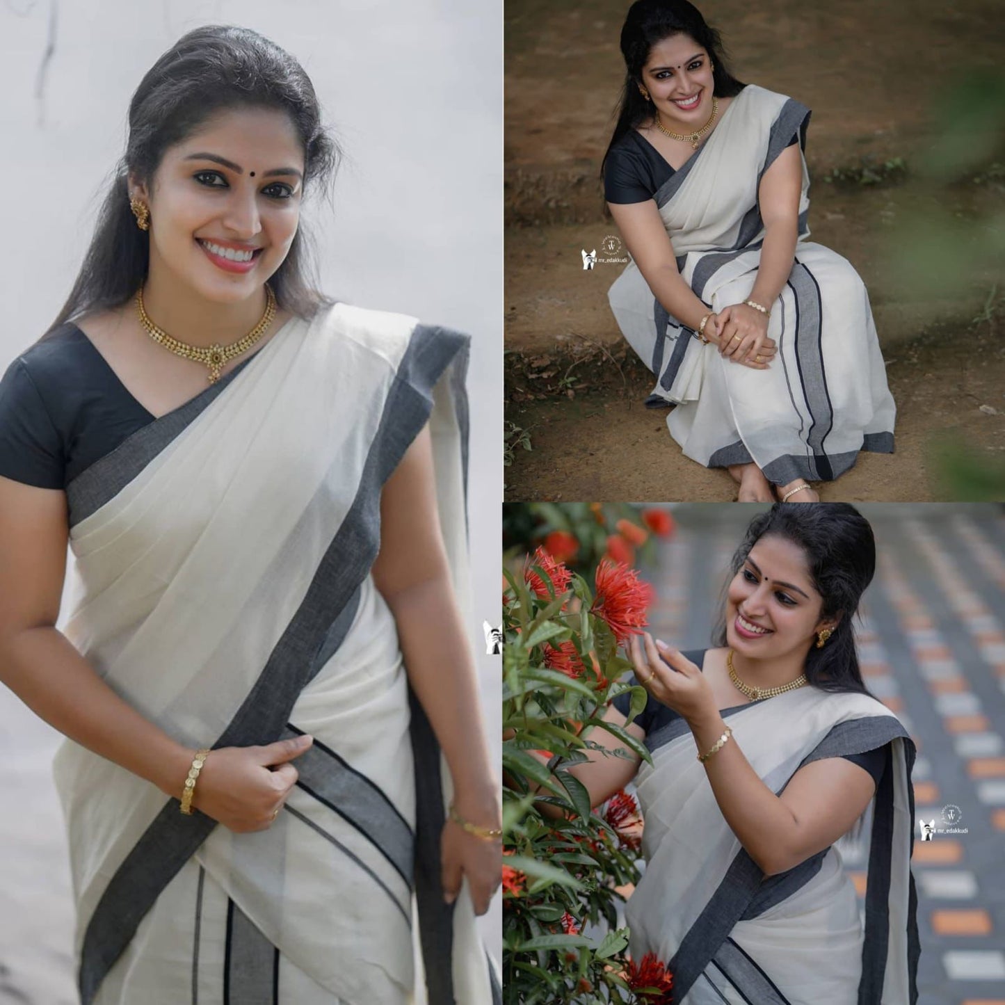 Kerala Pure Cotton Set Mundu Single (Mundum Neriyathum) with Black Border