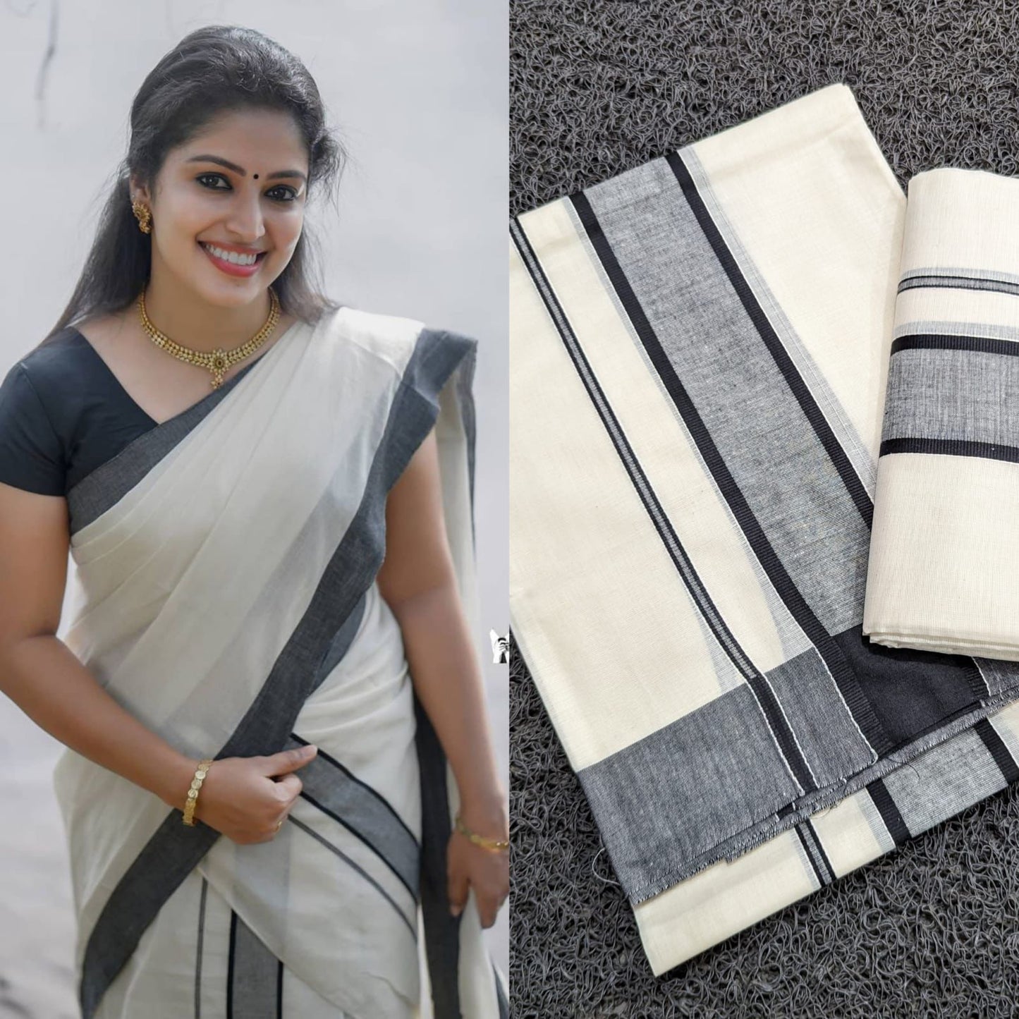 Kerala Pure Cotton Set Mundu Single (Mundum Neriyathum) with Black Border