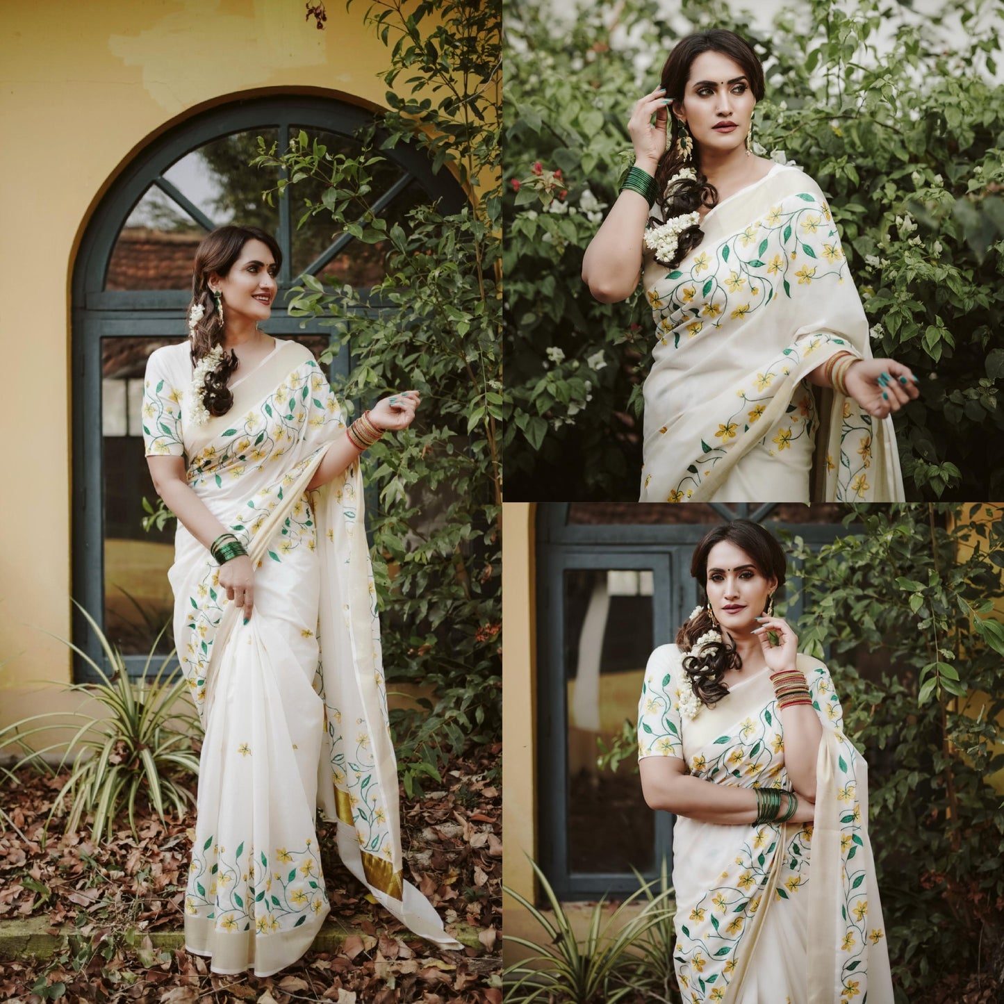 Southloom Kerala Pure Cotton Kasavu Saree with Kanikonna Floral Embroidery Designs