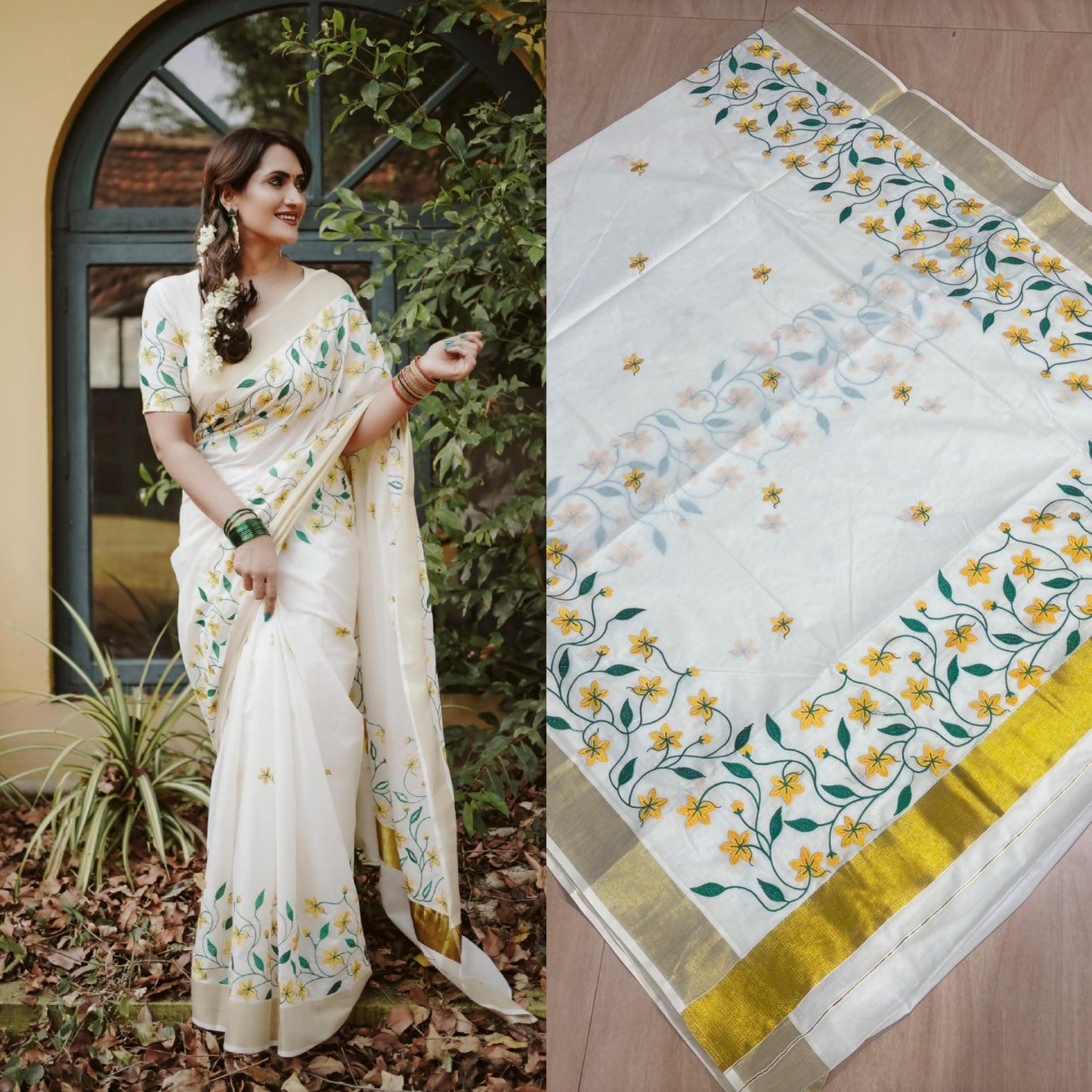 Southloom Kerala Pure Cotton Kasavu Saree with Kanikonna Floral Embroidery Designs