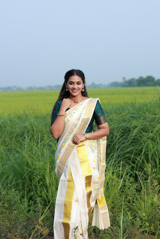 Kerala Cotton Single Set Mundu (Mundum Neriyathum) with Yellow Orange And Green Floral Block Printed Design 2.80Mtrs