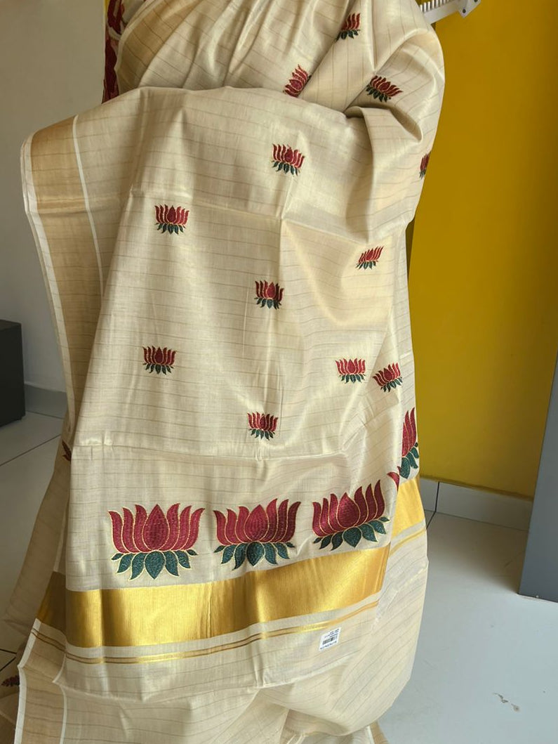 Kerala Tissue Kasavu Lines Saree With Meroon Lotus Embroidery SL172 ...