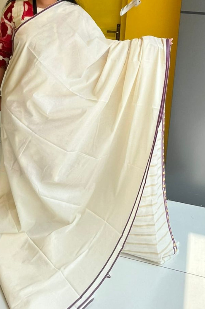Kerala Cotton Purple Puliyilakara Saree SL151