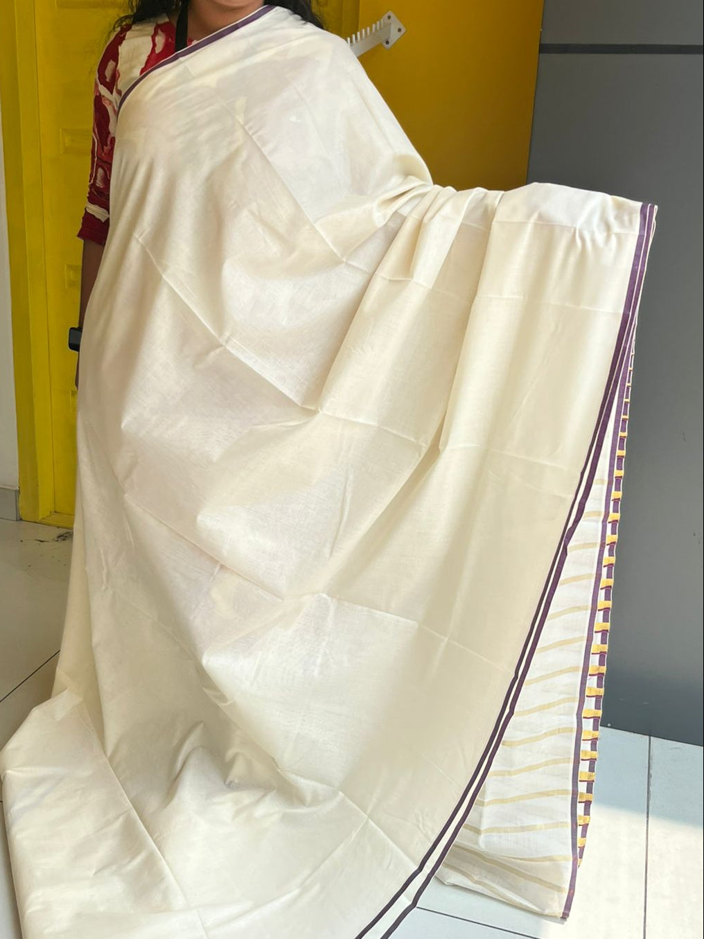 Kerala Cotton Maroon Puliyilakara Saree SL151