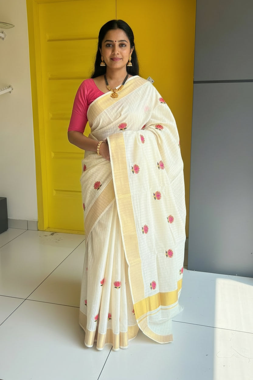 Kerala Cotton Kasavu Line Saree With Pink Lotus Embroidery SL172