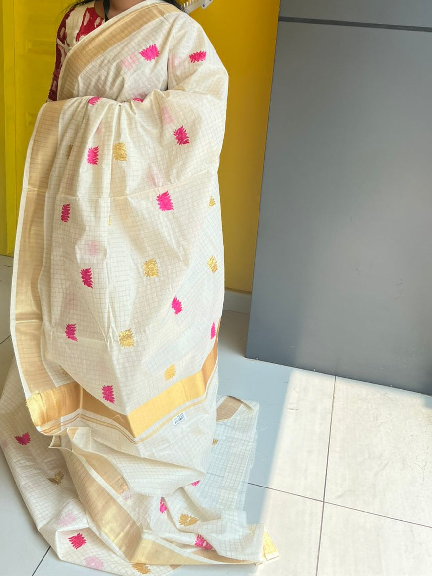 Kerala Cotton Kasavu Check Saree with Pink and Gold Lotus Embroidery Work SL172