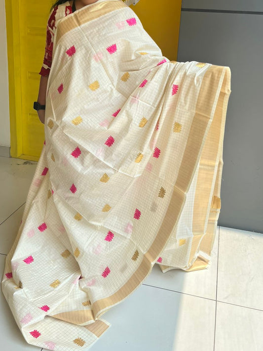 Kerala Cotton Kasavu Check Saree with Pink and Gold Lotus Embroidery Work SL172
