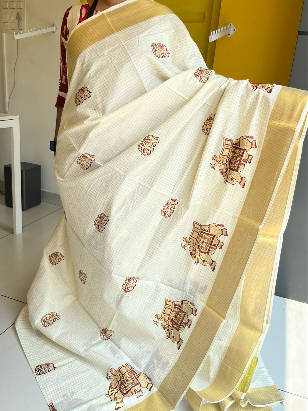 Kerala Cotton Kasavu Saree With Maroon Elephant Embroidery Work SL171