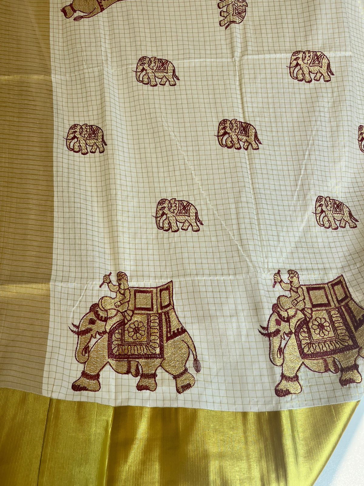 Kerala Cotton Kasavu Saree With Maroon Elephant Embroidery Work SL171