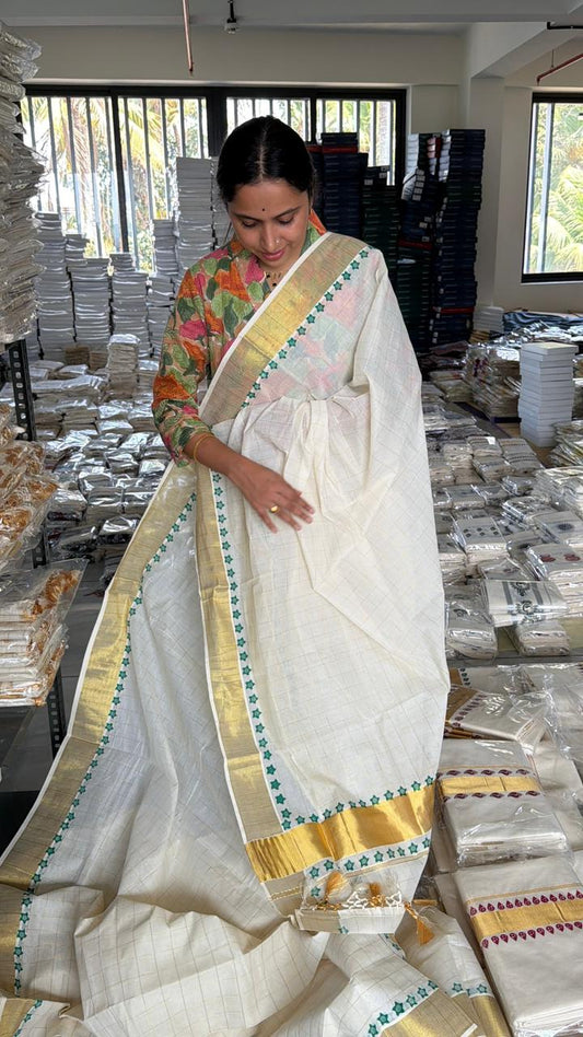 Kerala Cotton Star Design Check Saree with Tassels SL179