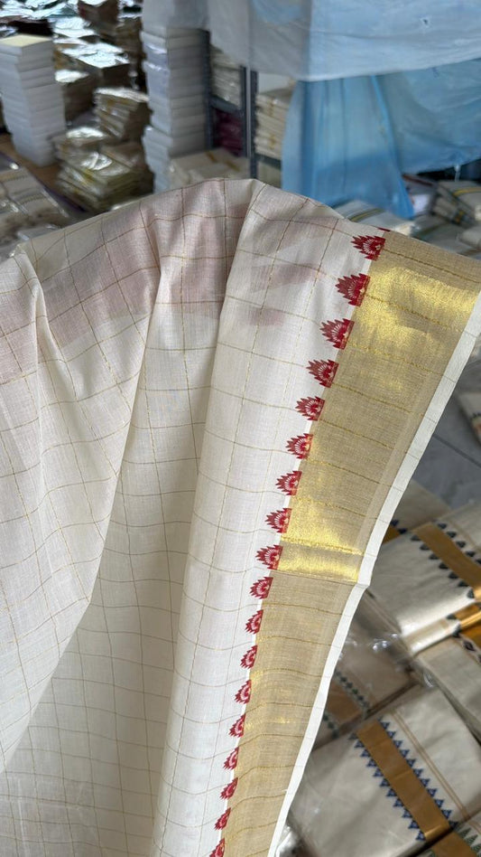Kerala Cotton Temple Design Check Saree with Tassels SL179