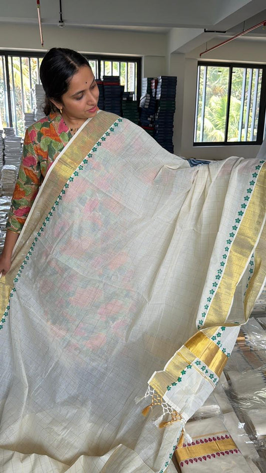 Kerala Cotton Star Design Check Saree with Tassels SL179