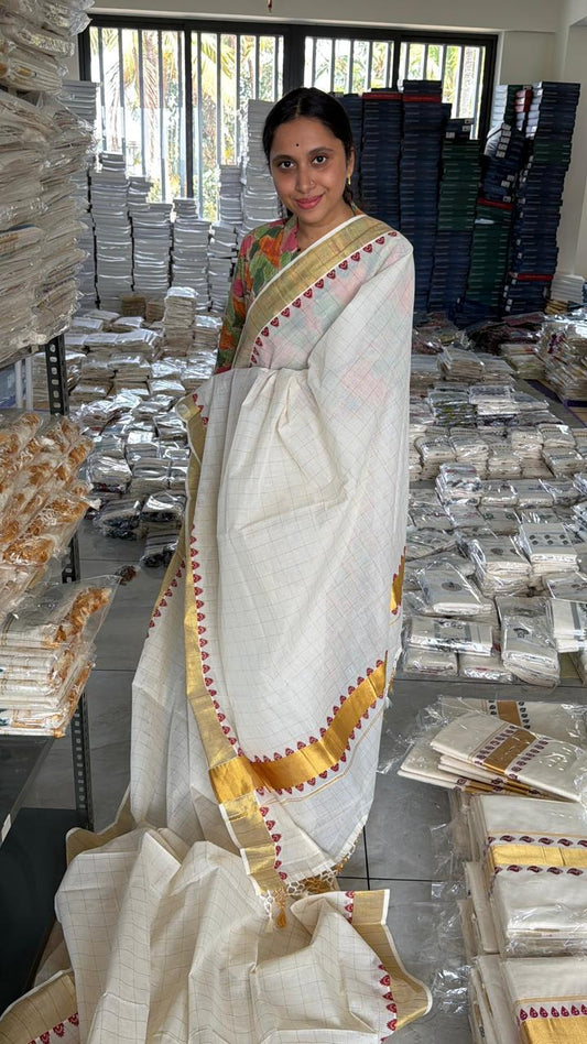 Kerala Cotton Temple Design Check Saree with Tassels SL179