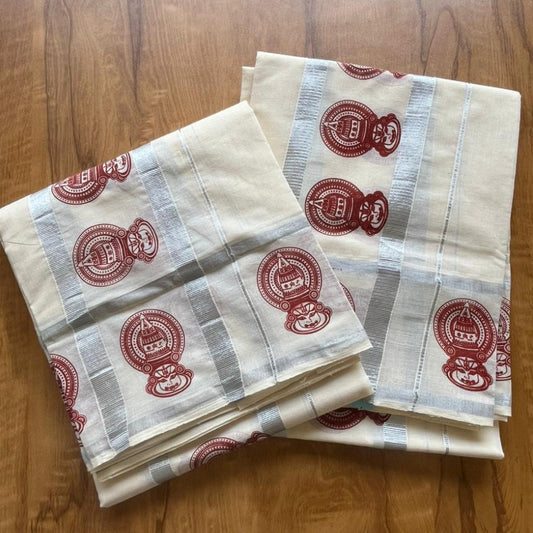 Kerala Cotton Silver Kasavu Printed Set Mundu SL190