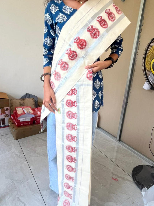 Kerala Cotton Silver Kasavu Printed Set Mundu SL190