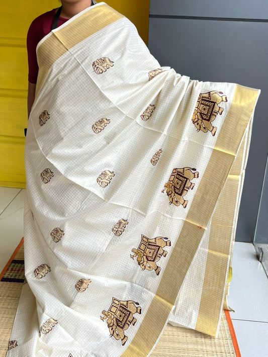 Kerala Cotton Kasavu Saree With Brown Elephant Embroidery Work SL171