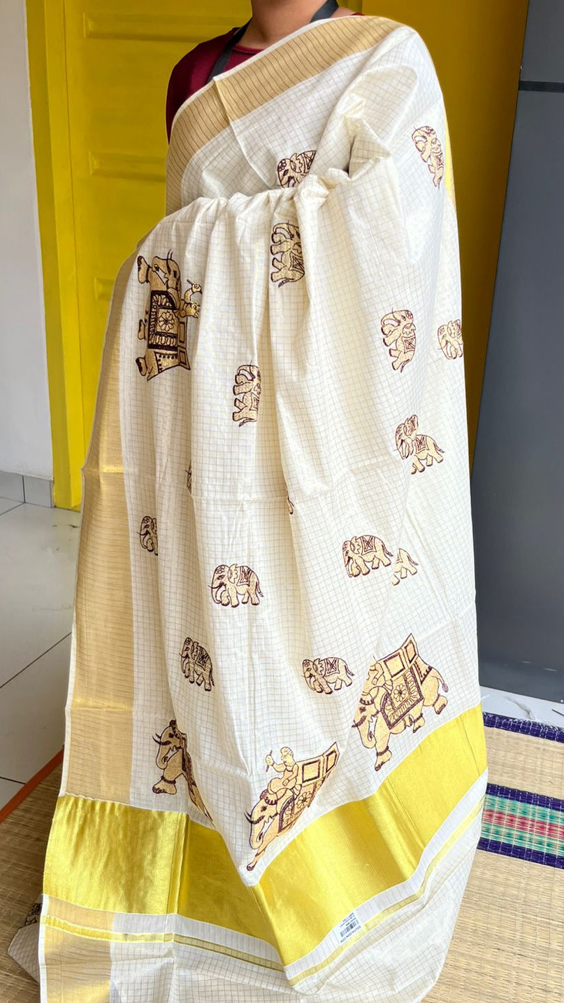 Kerala Cotton Kasavu Saree With Brown Elephant Embroidery Work SL171