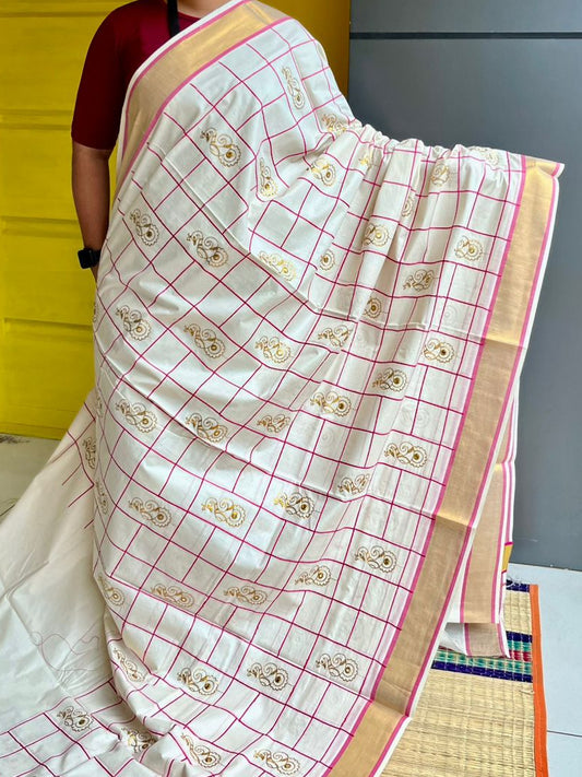 Kerala Cotton Pink Saree with Embroidery Work SL197
