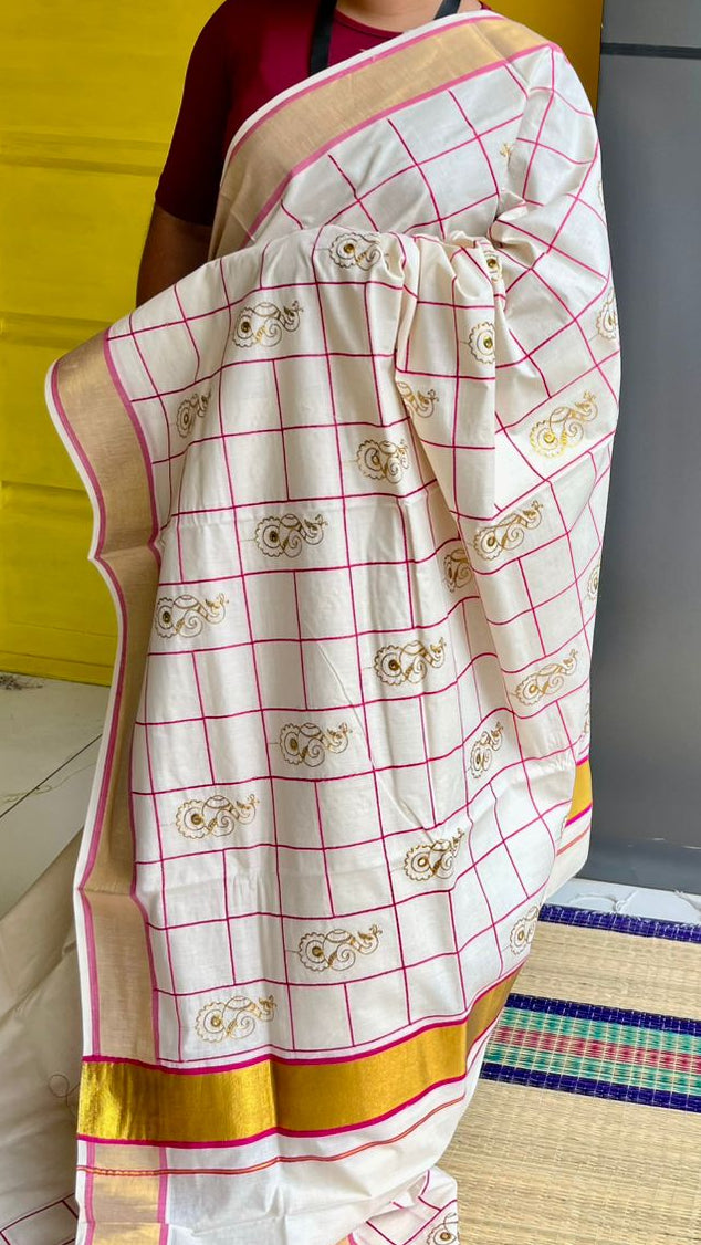 Kerala Cotton Pink Saree with Embroidery Work SL197