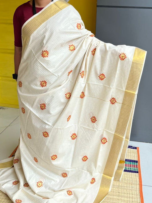 Kerala Cotton Line Saree with Red Floral Emroidery SLfloral