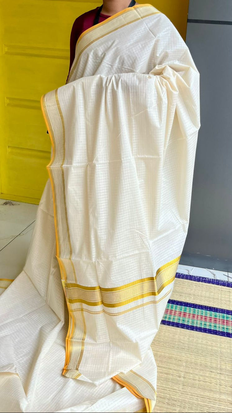 Kerala Cotton Saree with Check on Body with Balaramapuram Style Orange Borders SL195