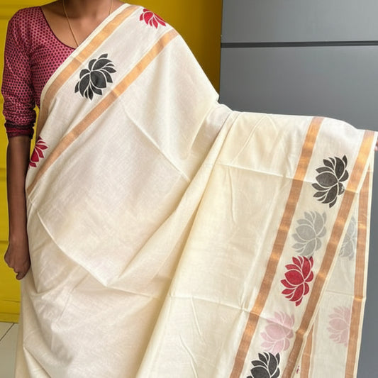 Kerala Cotton Saree with Red and Black Lotus Print SLlotus