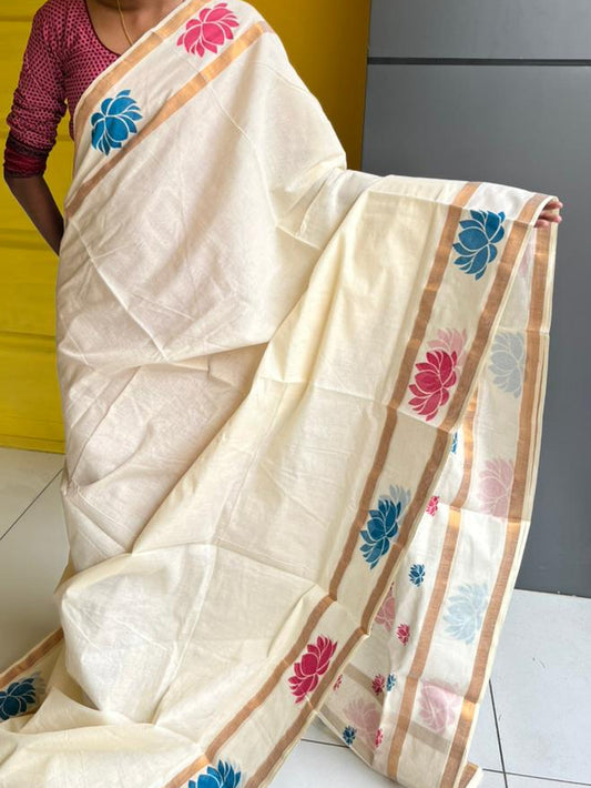 Kerala Cotton Saree with Pink and Turquoise Blue Lotus Print SLlotus
