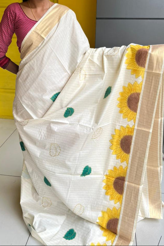 Kerala Cotton Lines Saree With Sun Flower Print SLfloral