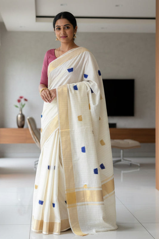 Kerala Cotton Saree with Blue and Gold Lotus Embroidery SLlotus