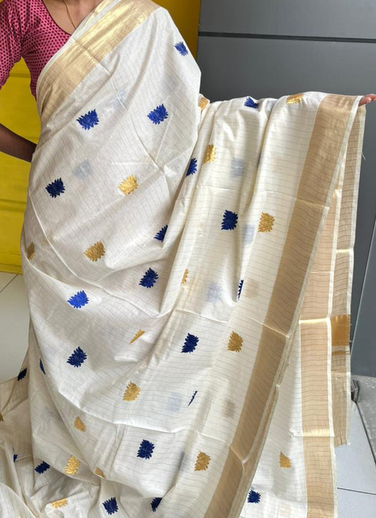 Kerala Cotton Saree with Blue and Gold Lotus Embroidery SLlotus