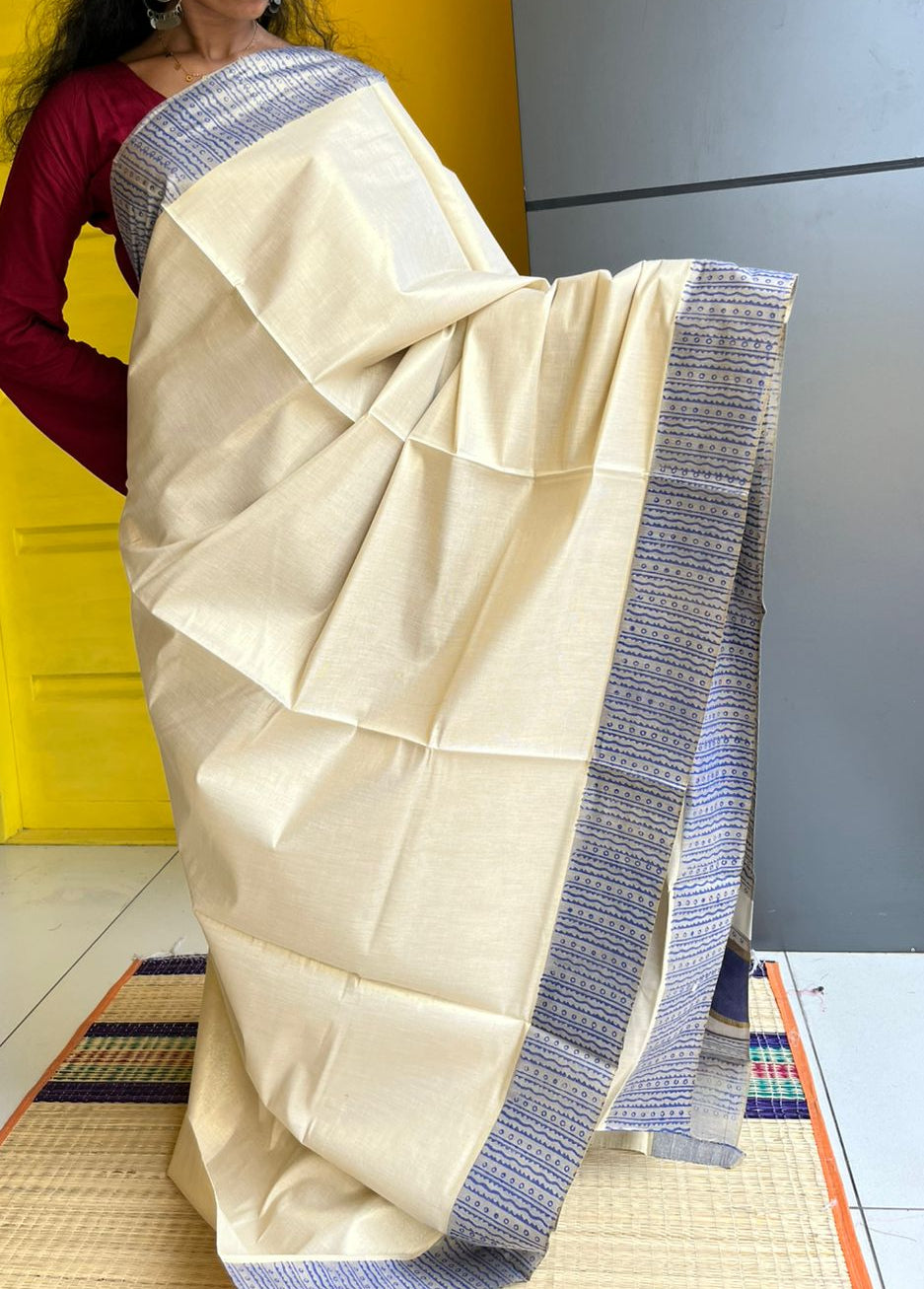 Kerala Tissue Blue Block Printed Saree SL205