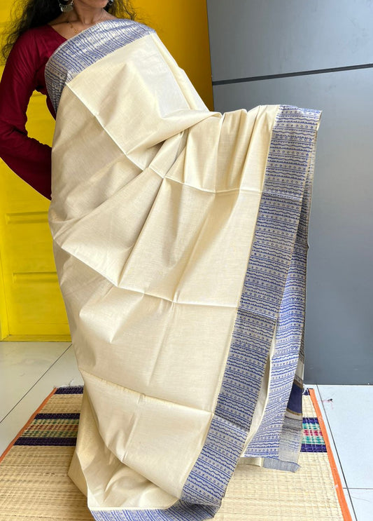 Kerala Tissue Blue Block Printed Saree SL205