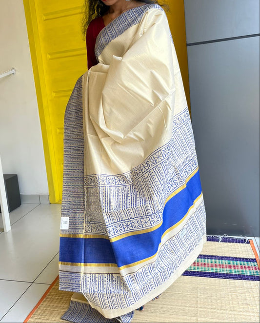Kerala Tissue Blue Block Printed Saree SL205