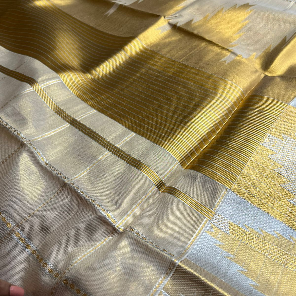 Kerala Tissue Kasavu Check Saree with Temple Border SL204