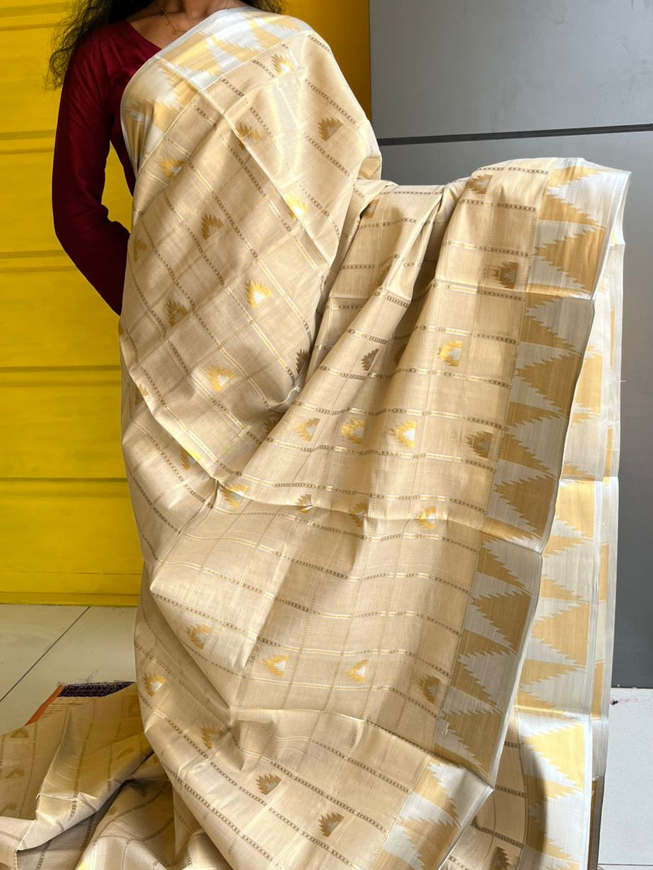 Kerala Tissue Kasavu Check Saree with Temple Border SL204