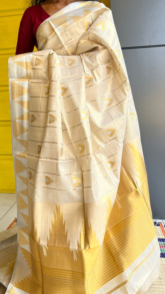 Kerala Tissue Kasavu Check Saree with Temple Border SL204