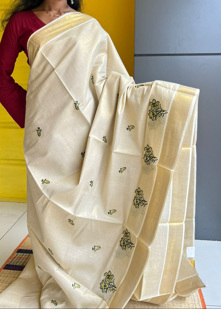 Kerala Tissue Saree With Green Embroidery SL208