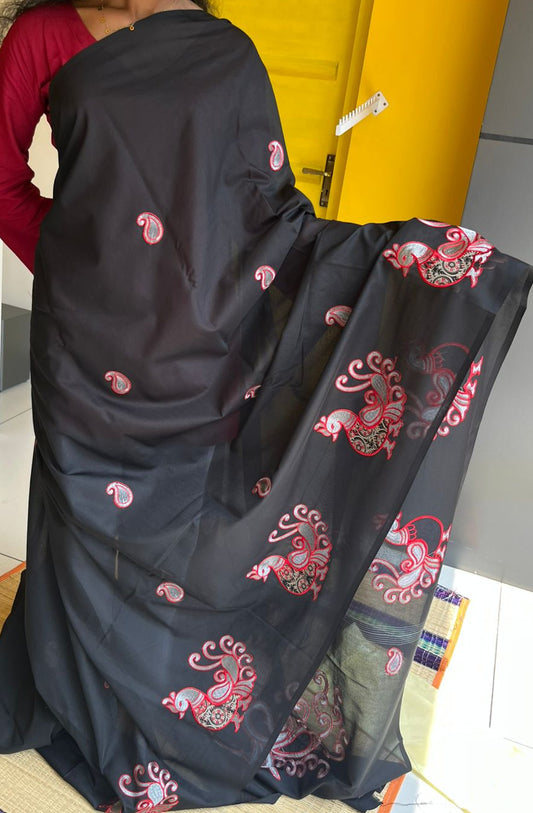 Black Cotton Saree With Peacock Embroidery Design SL208