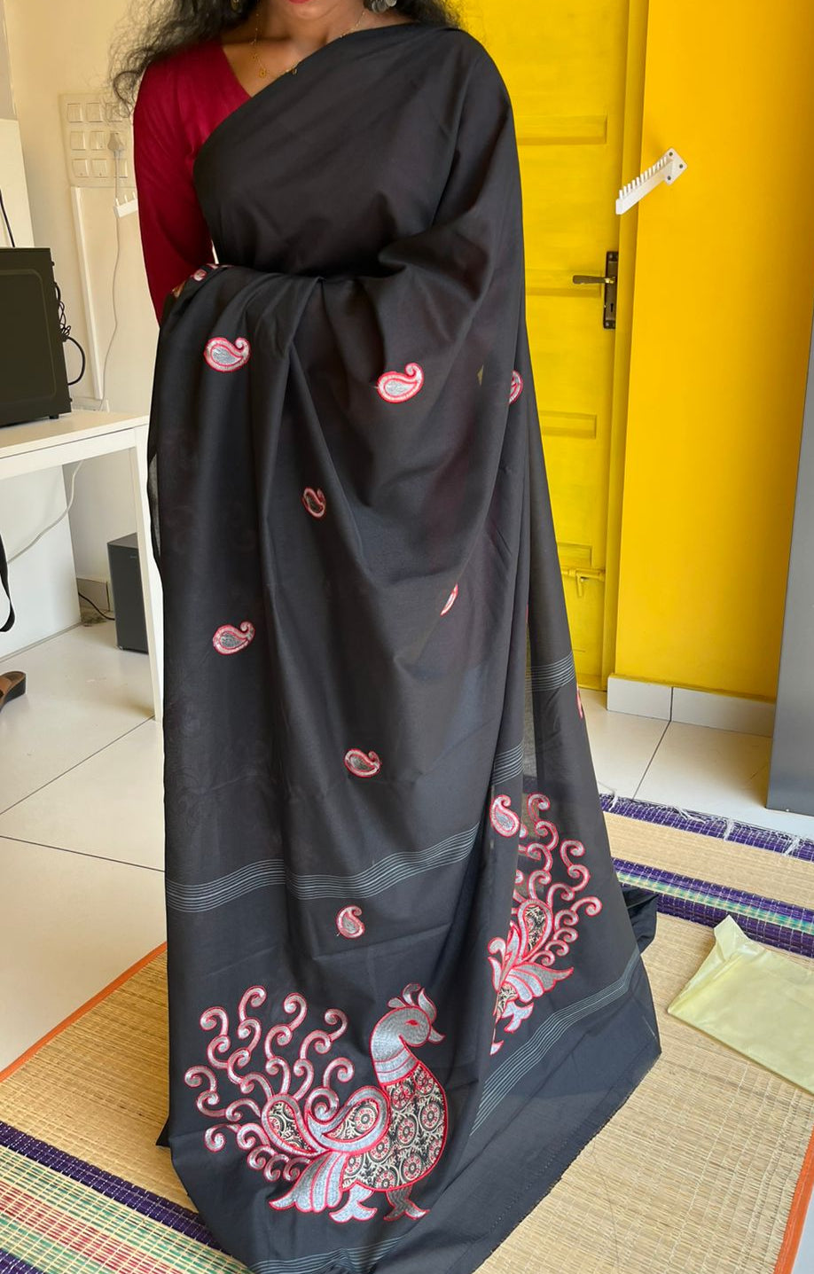 Black Cotton Saree With Peacock Embroidery Design SL206