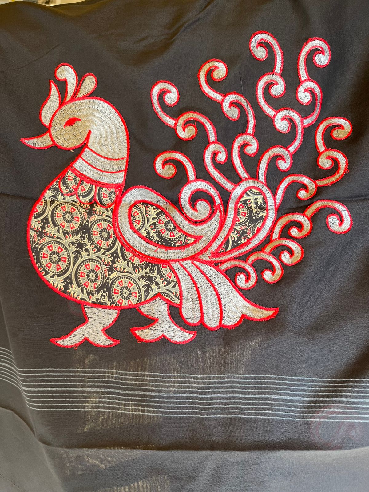 Black Cotton Saree With Peacock Embroidery Design SL206
