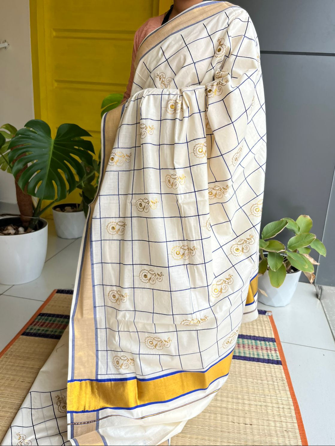 Kerala Cotton Blue Saree With Embroidery Work SL197