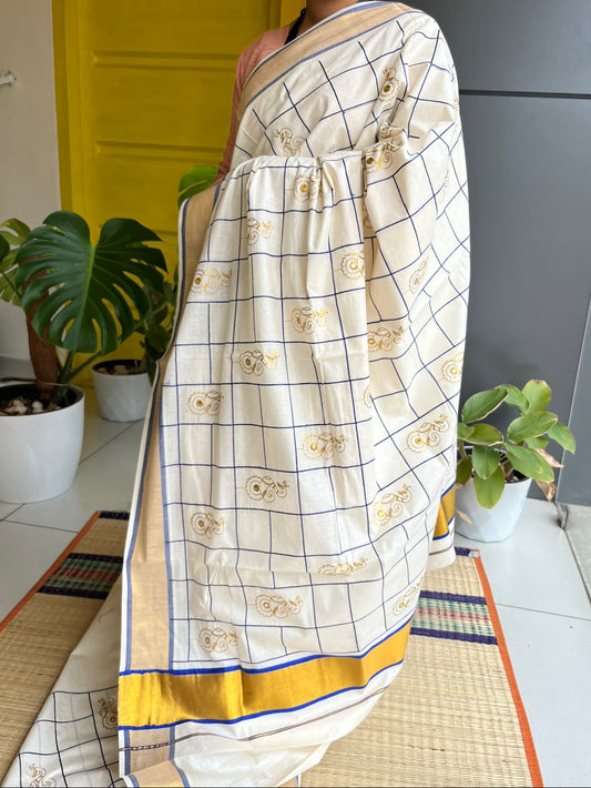 Kerala Cotton Blue Saree With Embroidery Work SL197