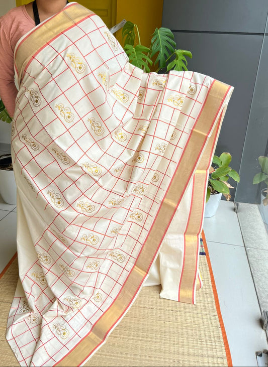 Kerala Cotton Orange Saree With Embroidery Work SL197