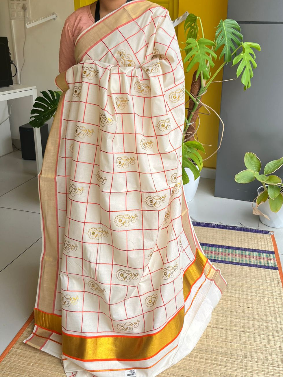 Kerala Cotton Orange Saree With Embroidery Work SL197