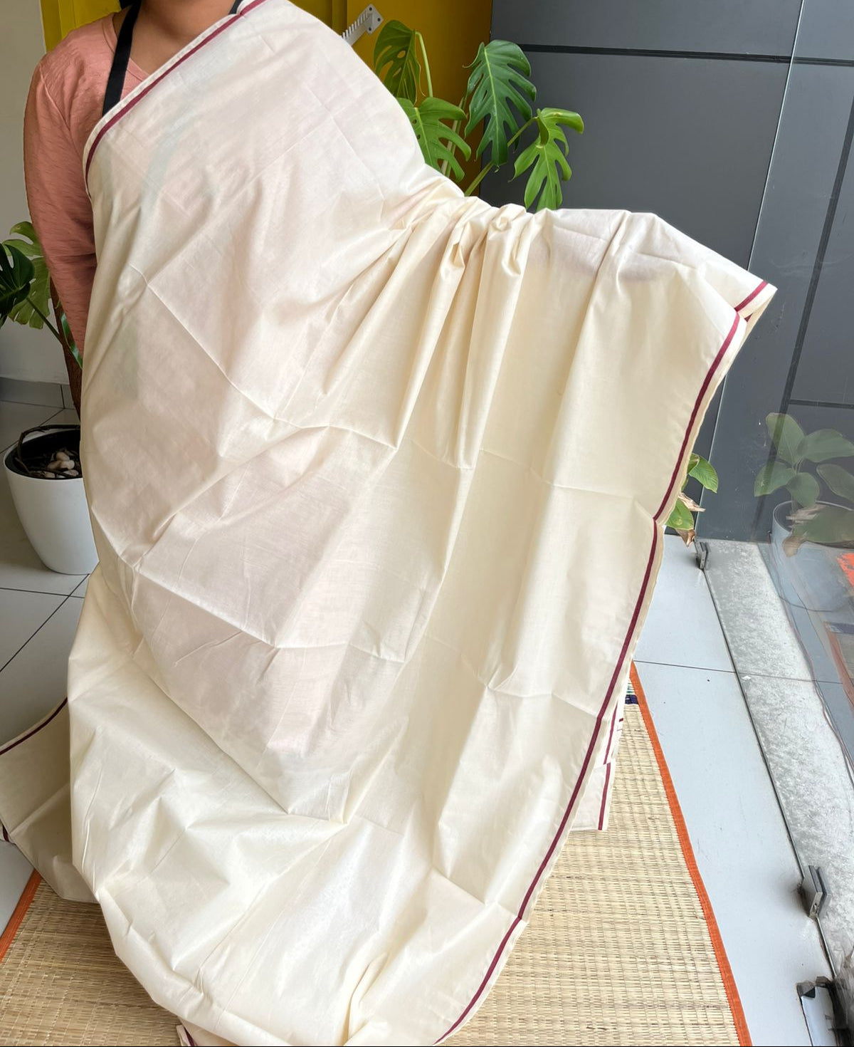 Kerala Cotton Maroon Puliyilakara Saree SL151