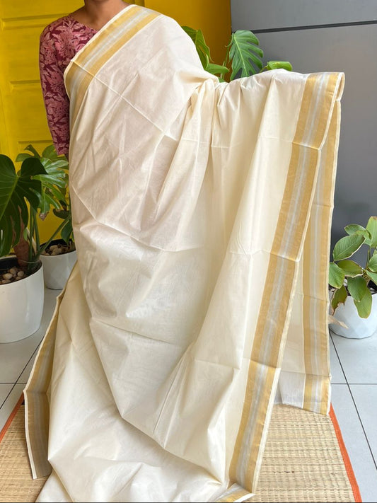 Kerala Cotton Saree with Gold and Silver Border SL216