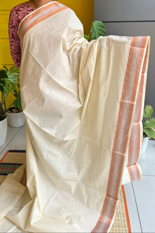 Kerala Cotton Saree with Orange and Silver Border SL216