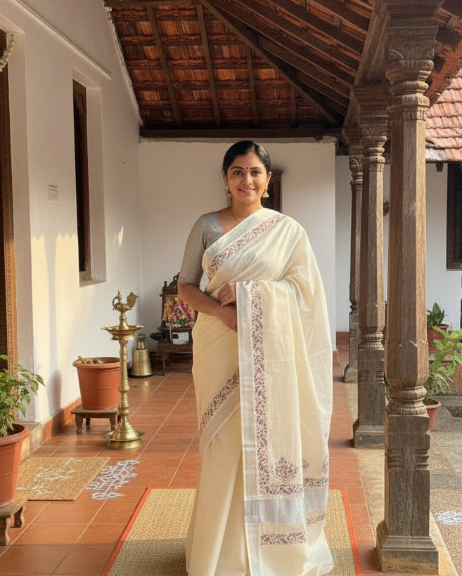 Kerala Cotton Saree with Silver Border SL217