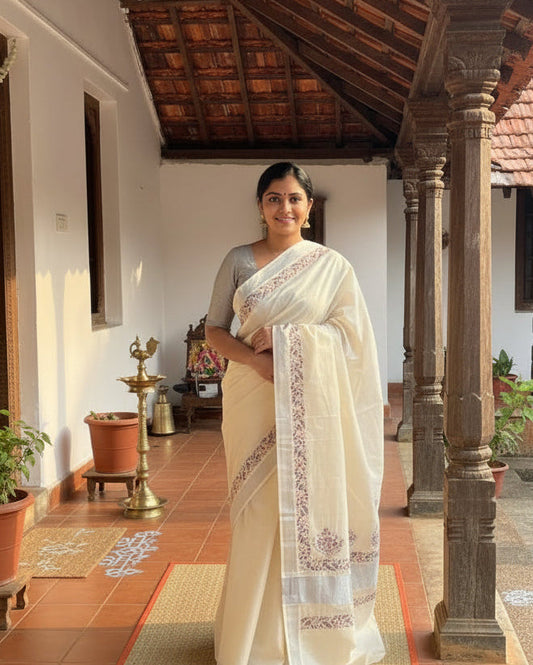 Kerala Cotton Saree with Silver Border SL217