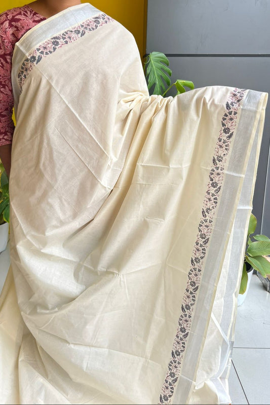 Kerala Cotton Saree with Silver Border SL217